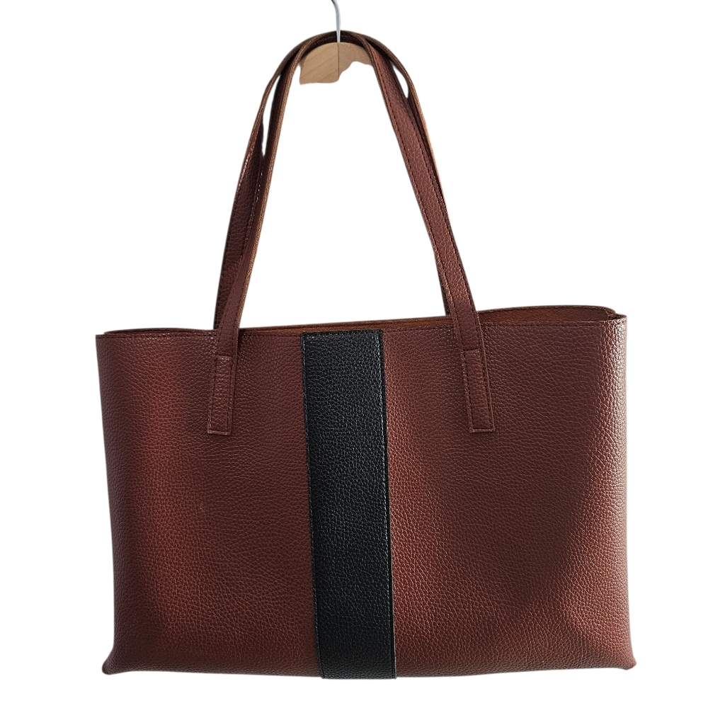 Vince Camuto Black Vegan Pebble Leather Tote Bag Brown Stripe Large  Shoulder